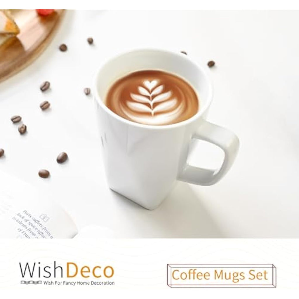 WishDeco Porcelain Coffee Mugs Set of 6 | 14oz White Tea Cups with Handle
