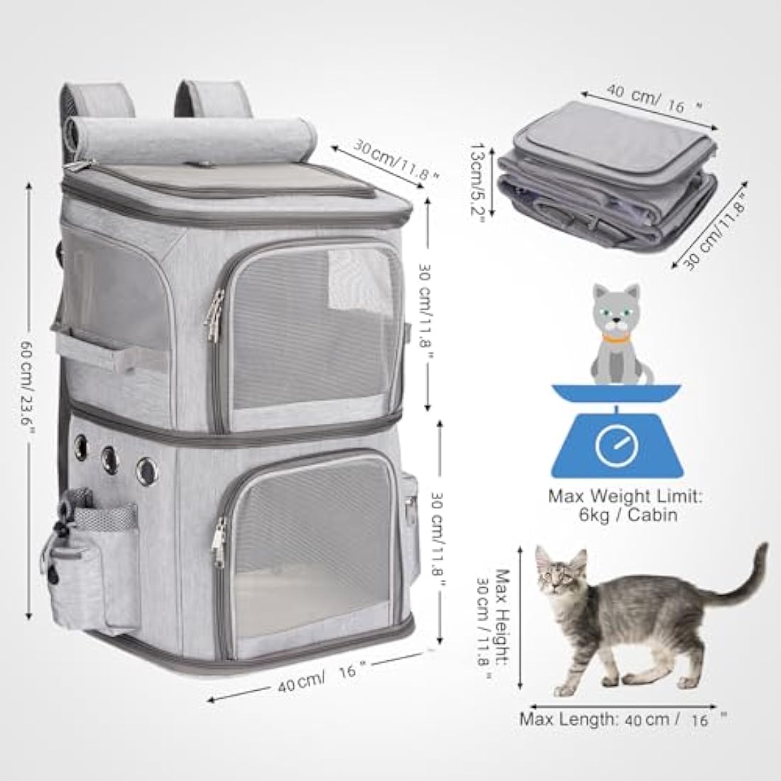 FASNATI Dual Compartment Pet Carrier Backpack for 2 Cats or Dogs - Grey, XL