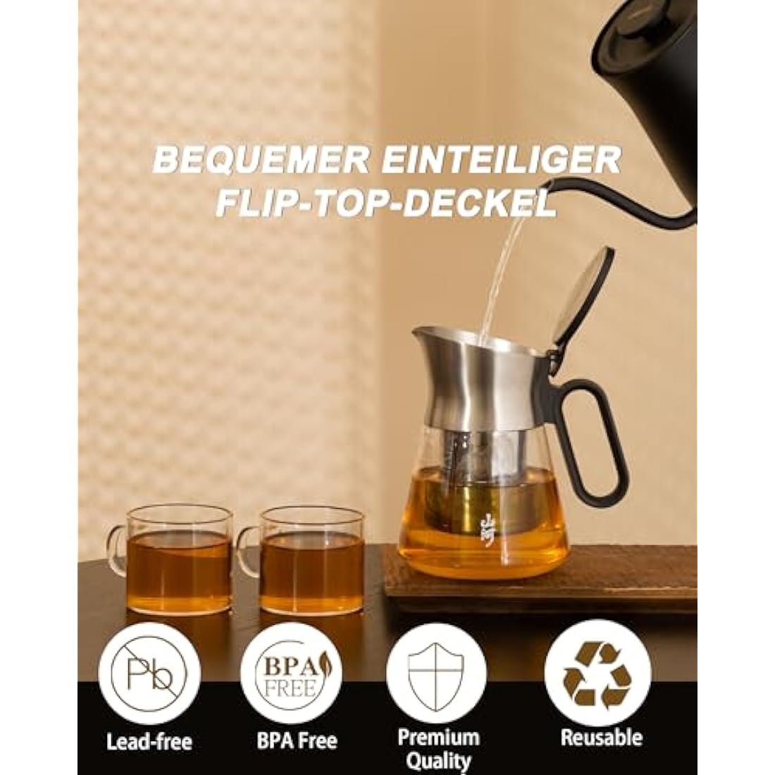 ZENS Glass Tea Infuser Teapot Set with 2 Cups | 680ml Borosilicate Glass