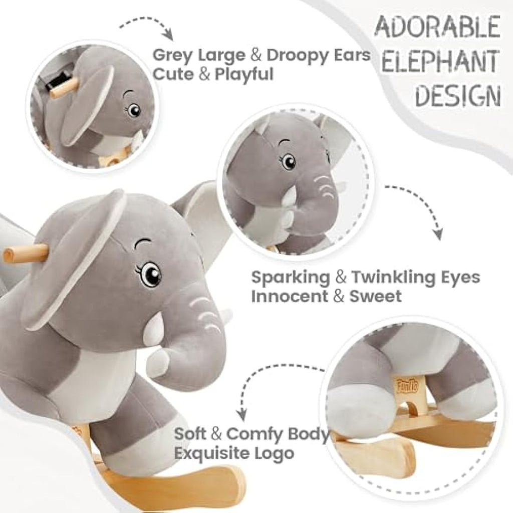 FUNLIO Elephant Baby Rocking Horse – Plush Grey Ride-on Toy for Toddlers