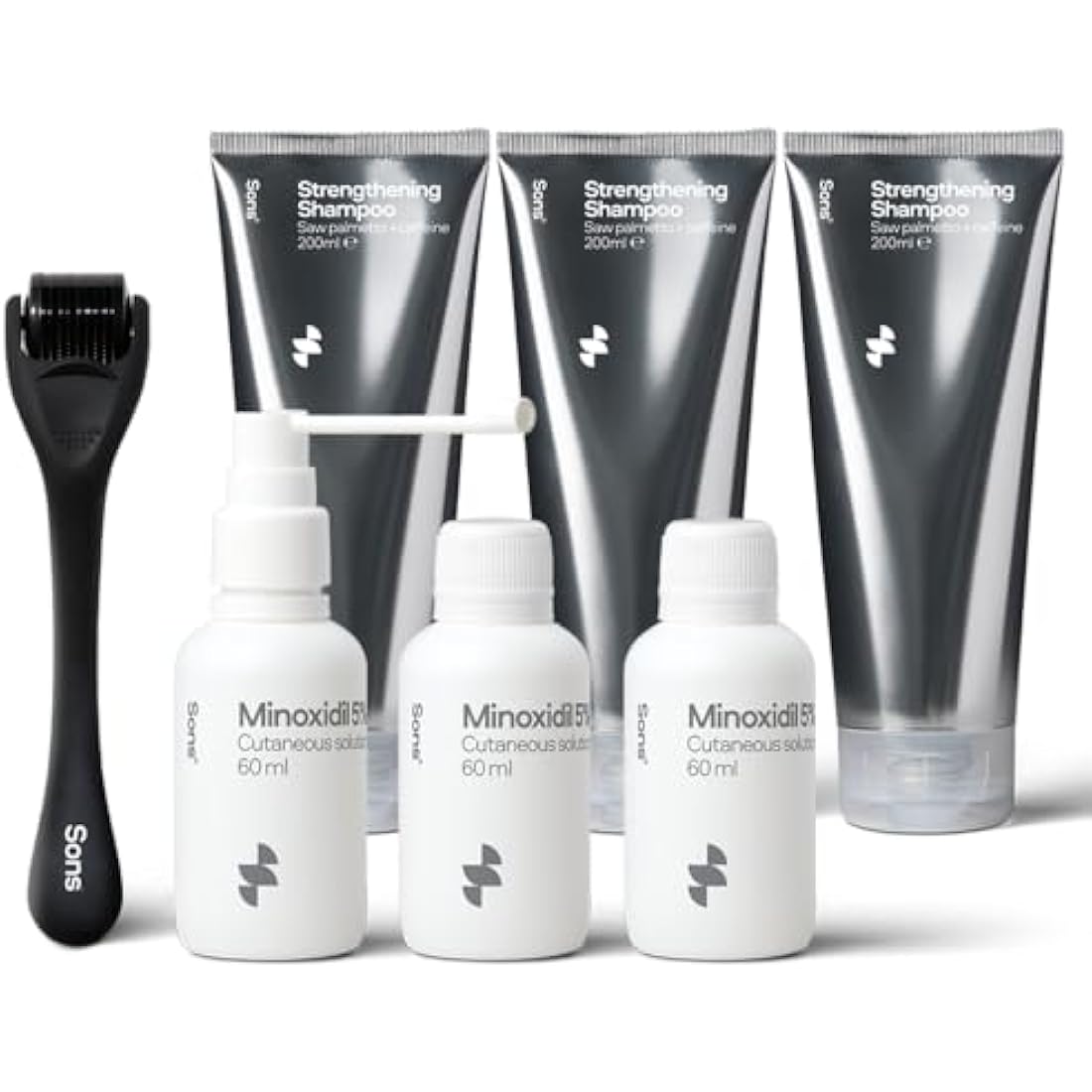 Sons Hair Regrowth Bundle: Minoxidil 5%, Shampoo & Derma Roller