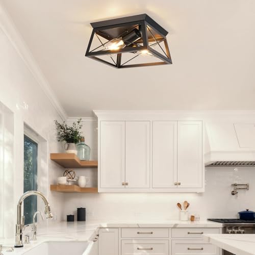 FORCOSO Industrial Flush Mount Ceiling Light – 2-Light Black Metal Cage