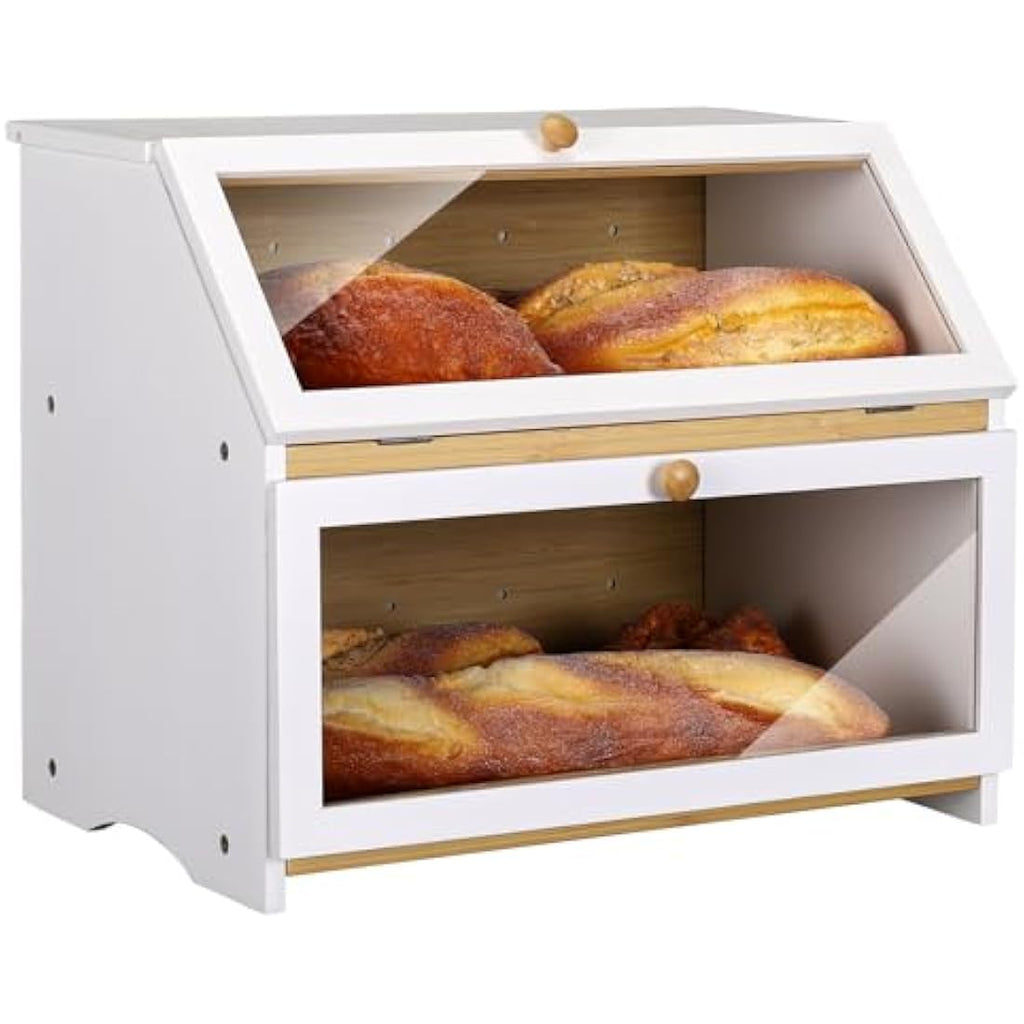 Leader Accessories Large 2-Layer Bamboo Bread Box – White Kitchen Storage