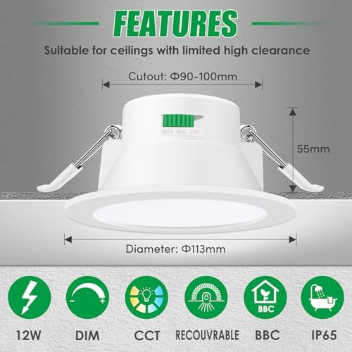 ALUSSO IP65 LED Downlights | 12W Dimmable 3CCT Recessed Spotlights | 6 Pack