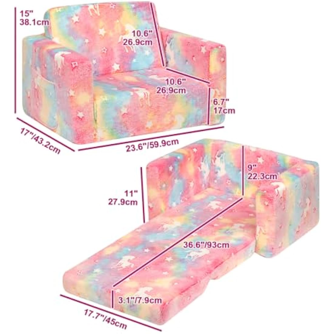 BEJOY Kids 2-in-1 Flip Out Sofa Bed – Flannel Toddler Lounger, Unicorns