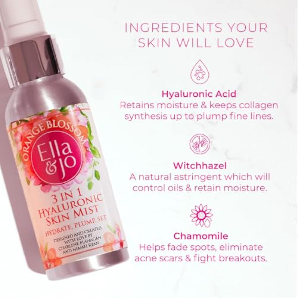 Ella & Jo Orange Blossom Hyaluronic Skin Mist – Hydrating 3-in-1 Spray
