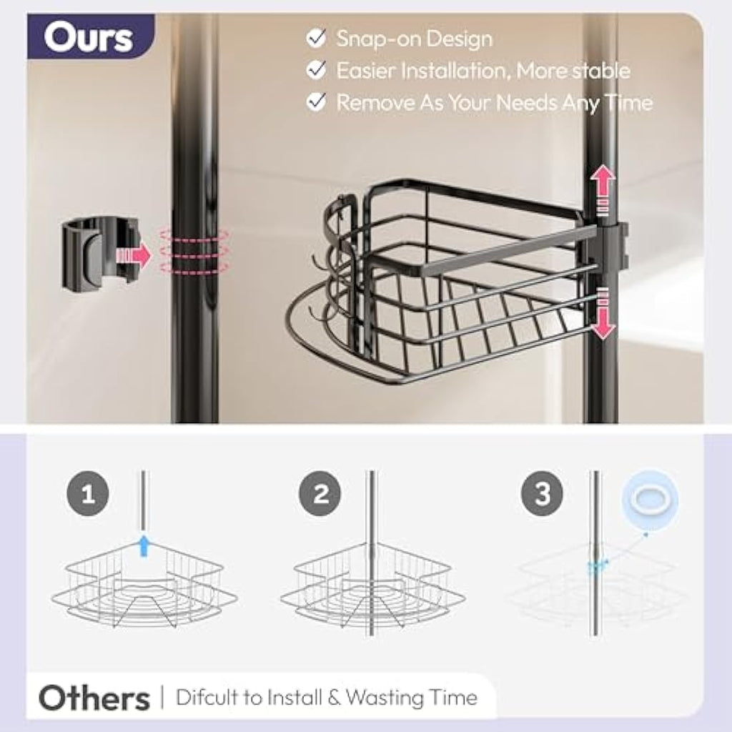 SWTYMIKI Tension Pole Shower Caddy – Rustproof Corner Shelf with 4 Baskets