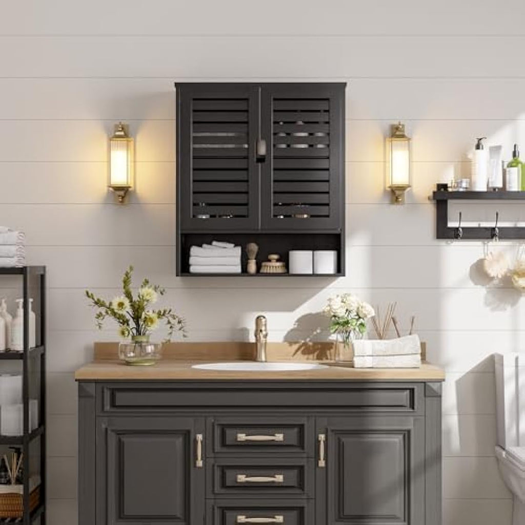 SMIBUY Bamboo Wall Mounted Bathroom Cabinet | 2-Door Storage Organizer - Black