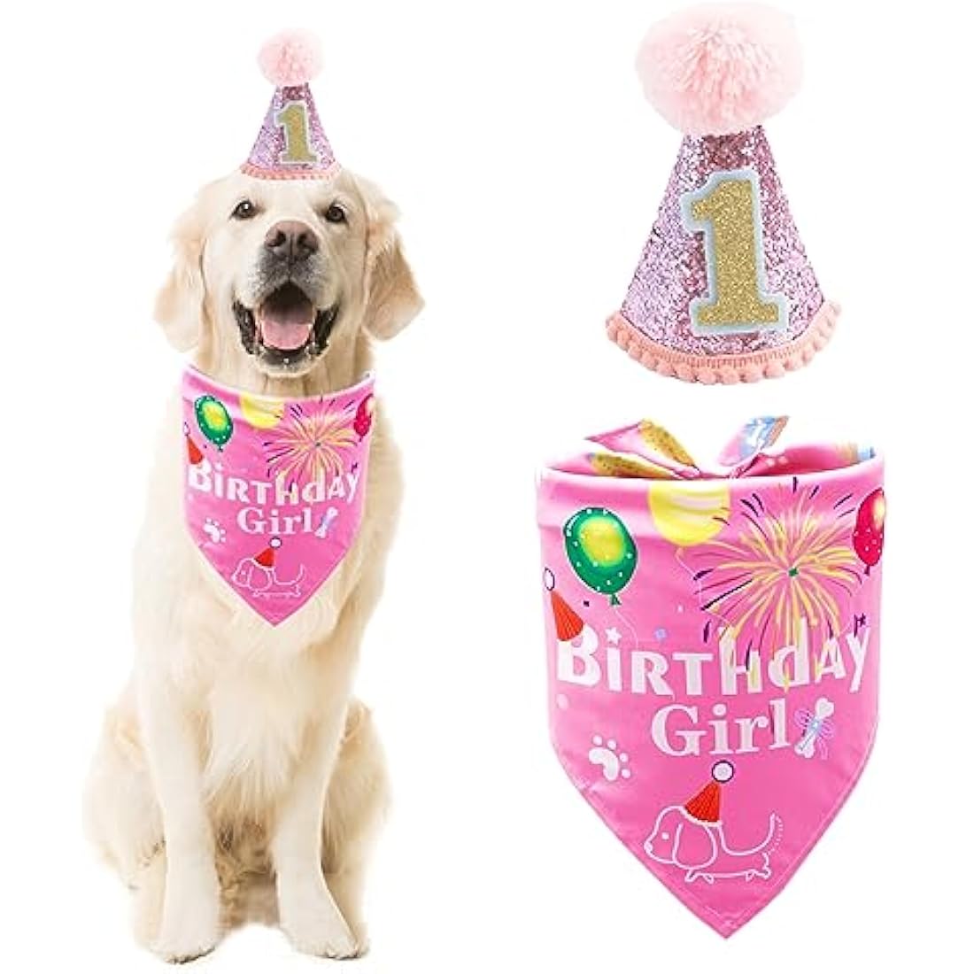Dog 1st Birthday Hat and Bandana Set – Pink Pet Costume