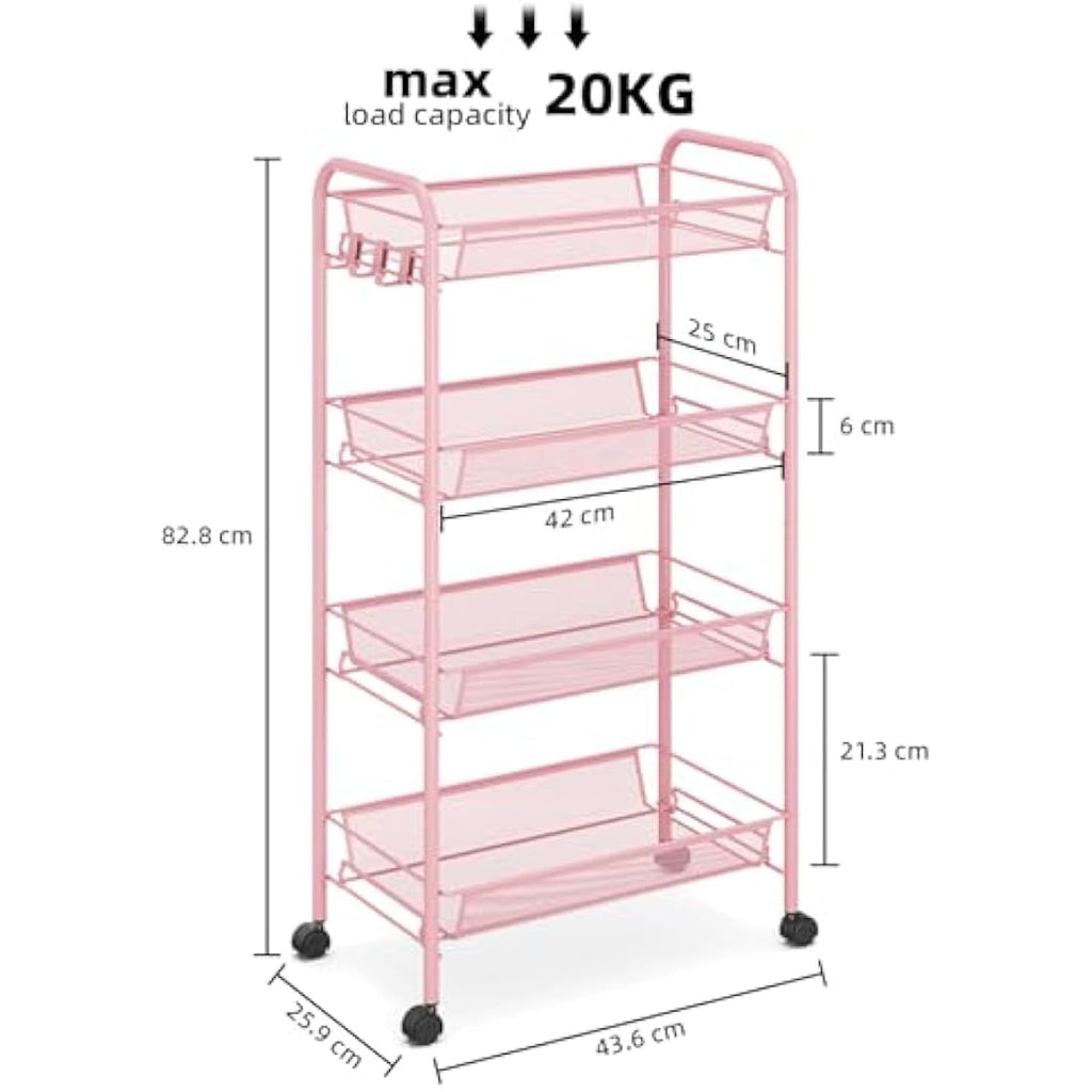 APEXCHASER 4-Tier Rolling Utility Cart | Metal Storage Trolley - Pink