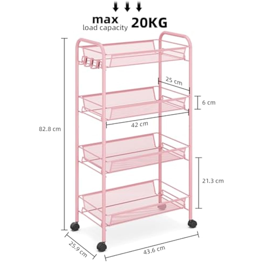 APEXCHASER 4-Tier Rolling Utility Cart | Metal Storage Trolley - Pink