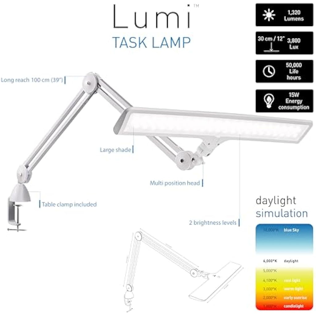 Daylight Lumi LED Task Lamp – 95+ CRI Dimmable Craft Desk Light
