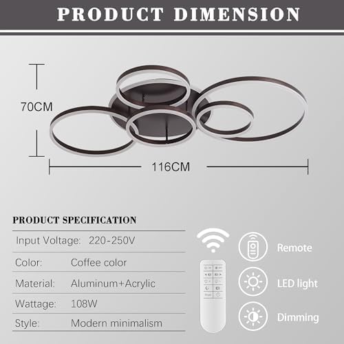 Minifair 6-Ring LED Ceiling Light – 108W Dimmable Flush Mount in Brown