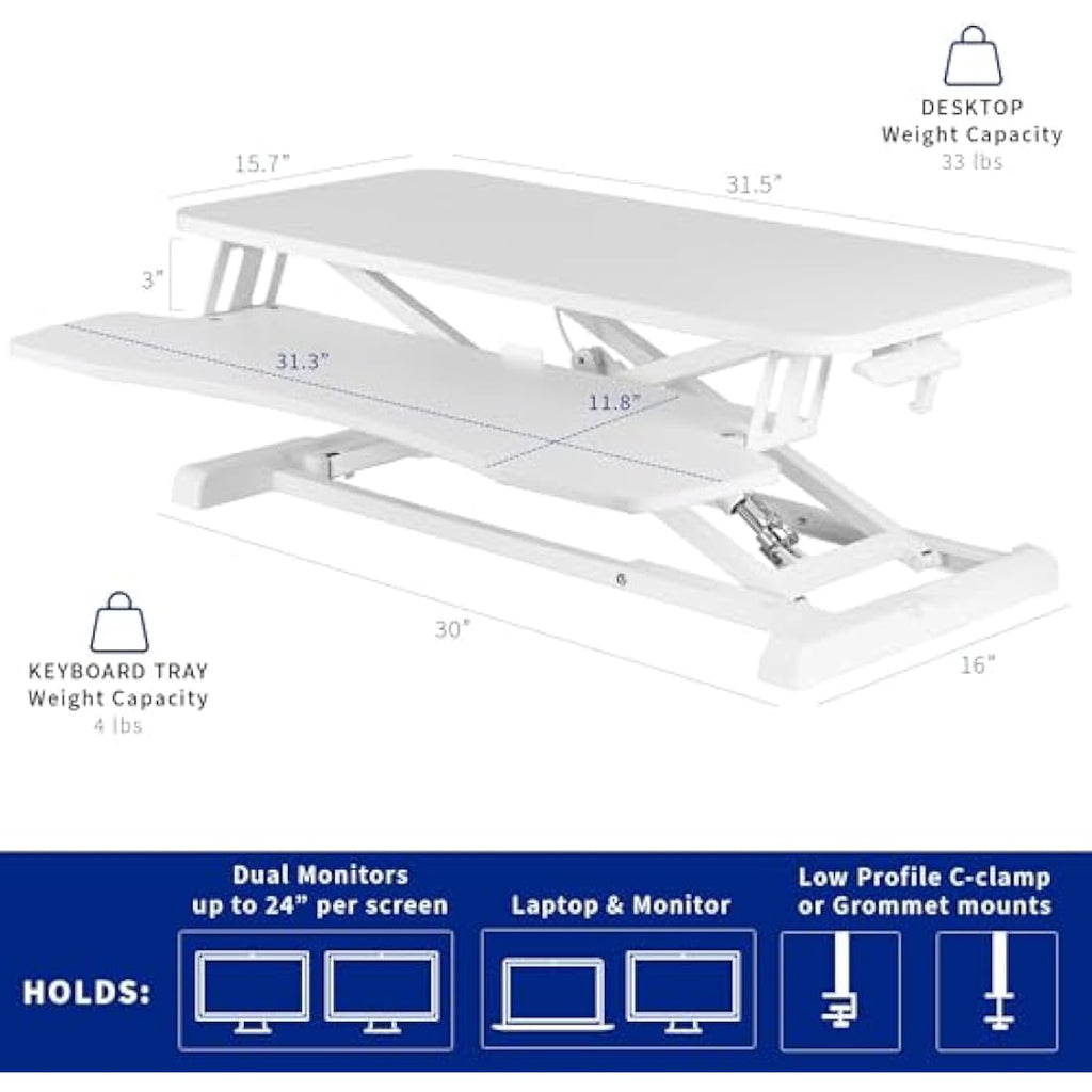 VIVO 81cm Height Adjustable Desk Converter | Dual Monitor Riser, White