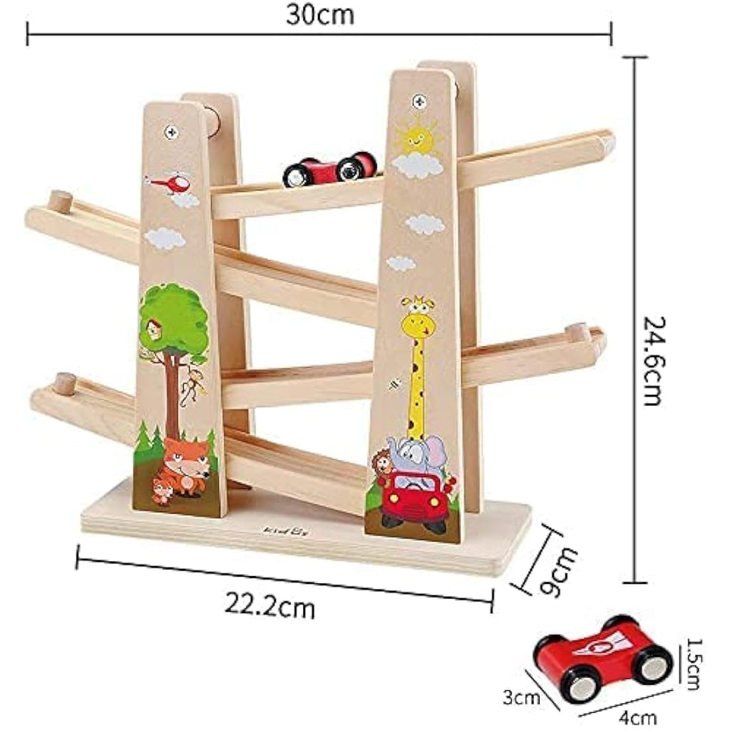 Wooden Car Ramp Toy – Toddler Race Track with 4 Cars