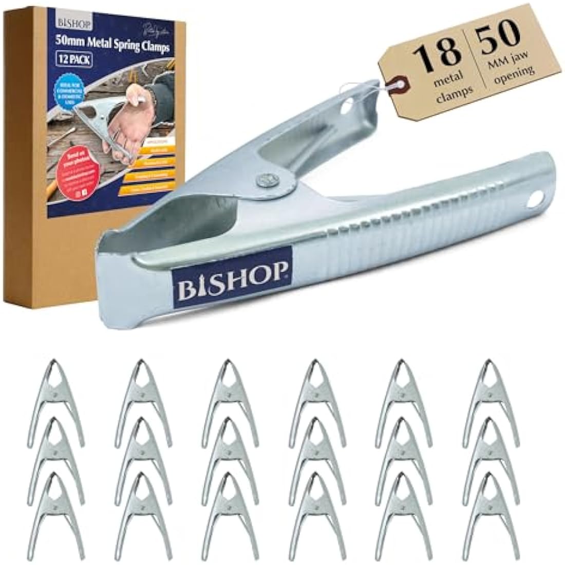 Bishop Heavy-Duty Metal Spring Clamps – 50mm Jaw Tarp Clips (18 Pack)