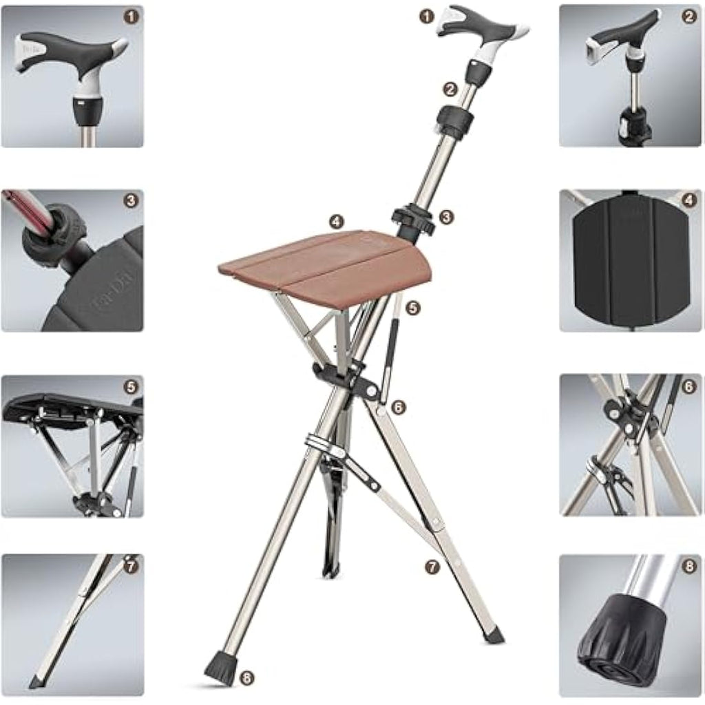 Ta-Da Chair PRO | Adjustable Walking Stick with Seat – Brown