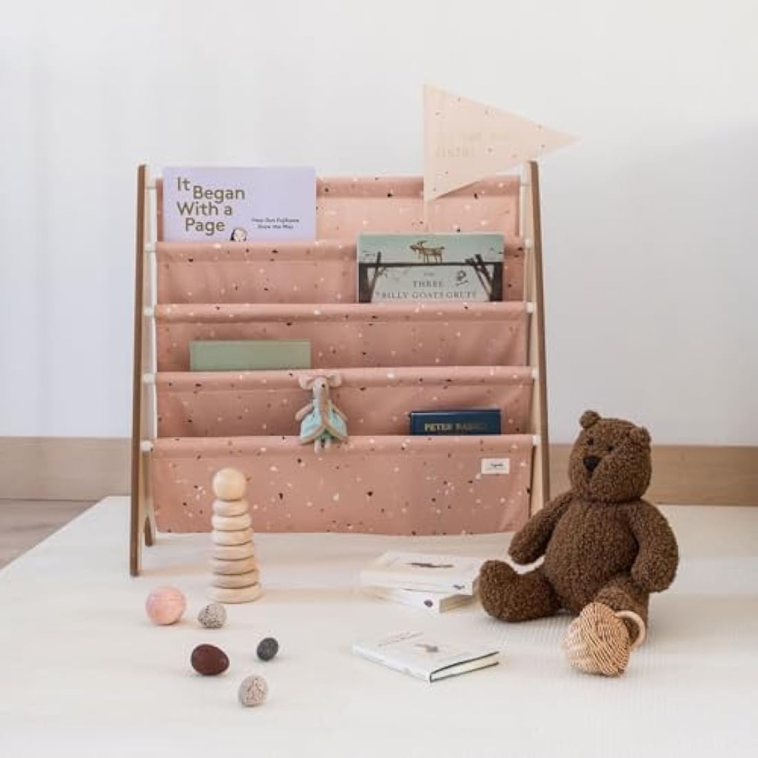 3 Sprouts Kids Bookshelf – 4-Tier Recycled Fabric Sling Book Rack, Terrazzo