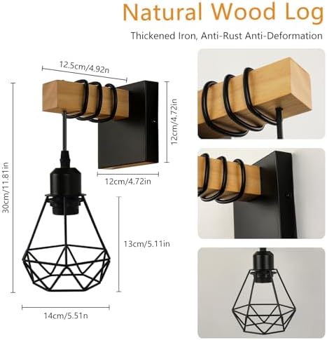 FORCOSO Industrial Wood Wall Sconce 2-Pack | Vintage Black E27 Lamp