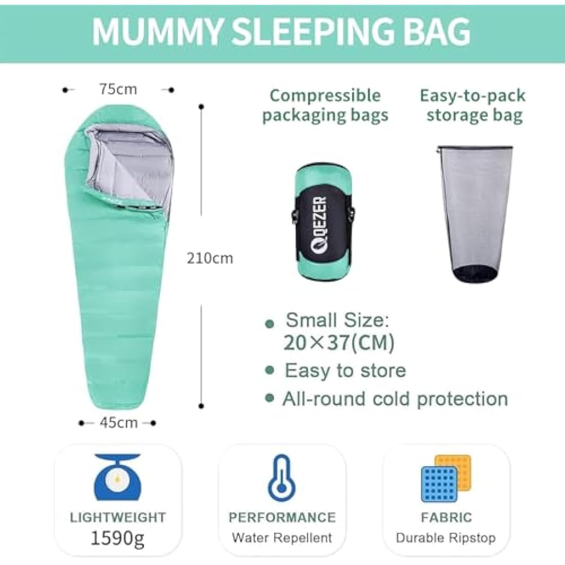 QEZER 4-Season Down Sleeping Bag | 620FP Duck Down Mummy Bag