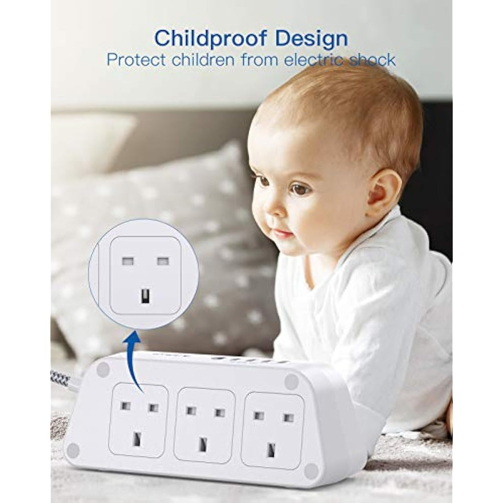 Addtam Extension Lead with 6 Outlets and 5 USB Ports – 3M Braided Cord