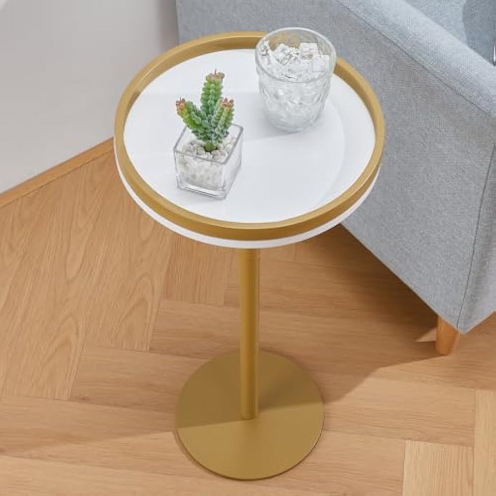Small Round Drink Table – Modern Pedestal Side Table, White Gold