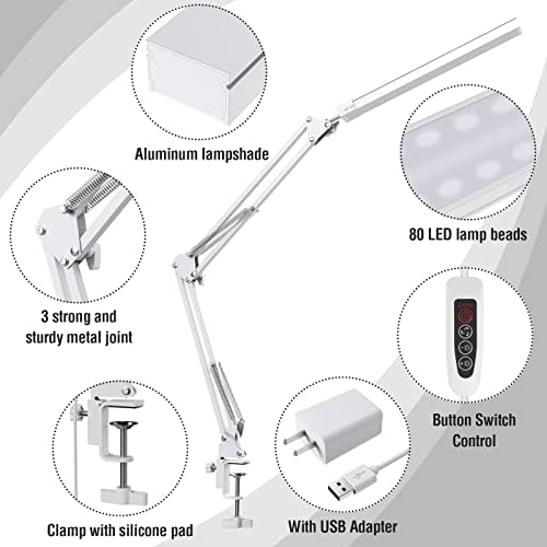 SKYLEO LED Desk Lamp – Swing Arm Clamp Light with 30 Modes | White