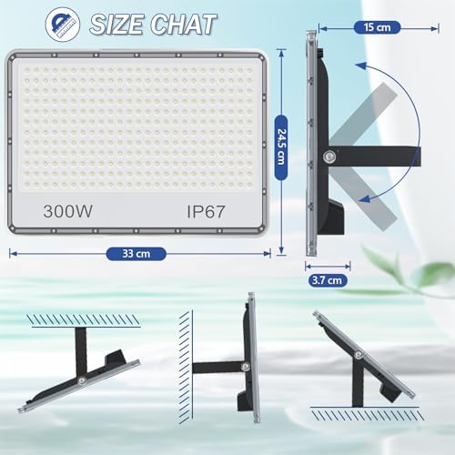 TASINUO 300W LED Floodlight Outdoor 2-Pack | 30000LM IP67 Security Lights