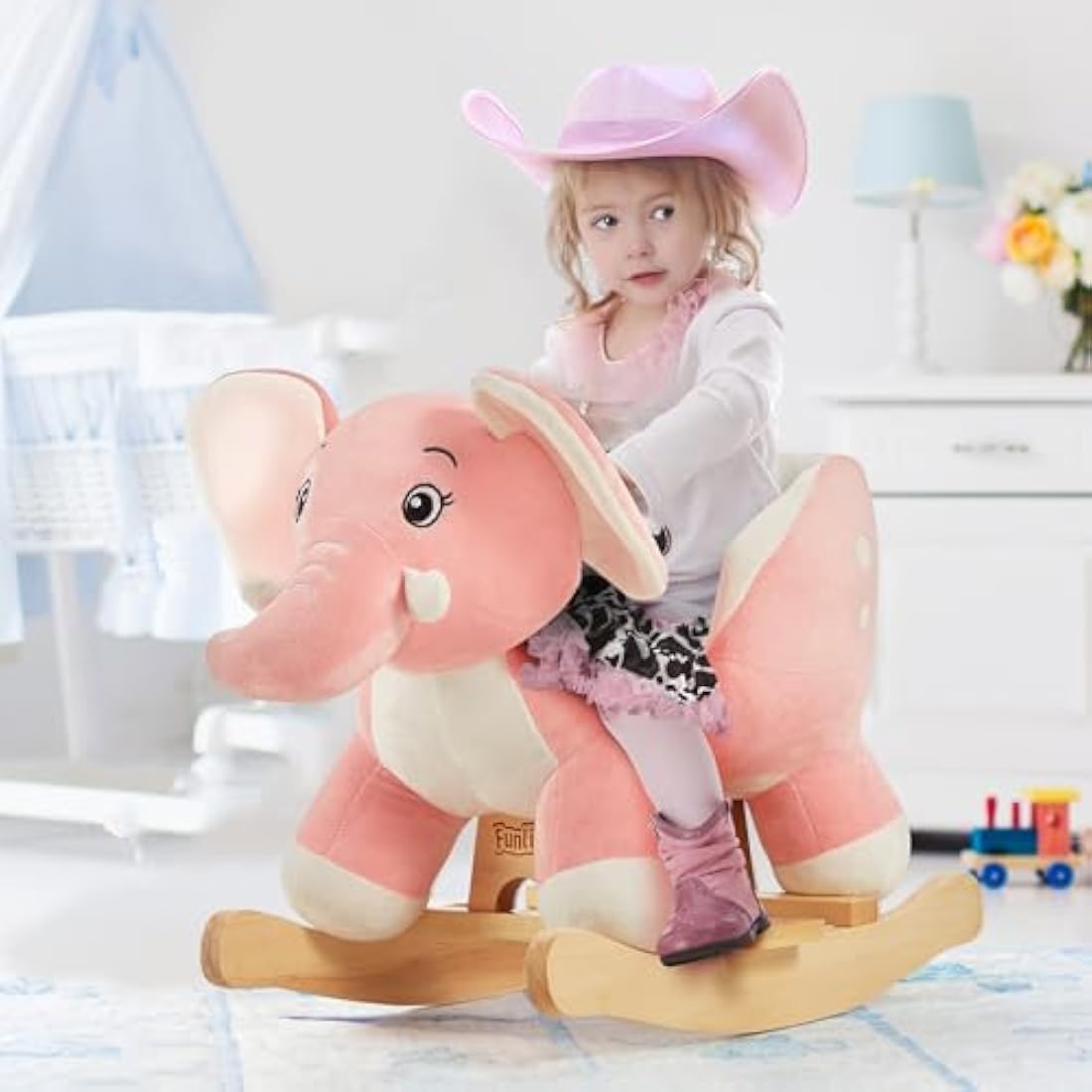 FUNLIO Pink Elephant Rocking Horse - Plush Ride-on Toy for Toddlers