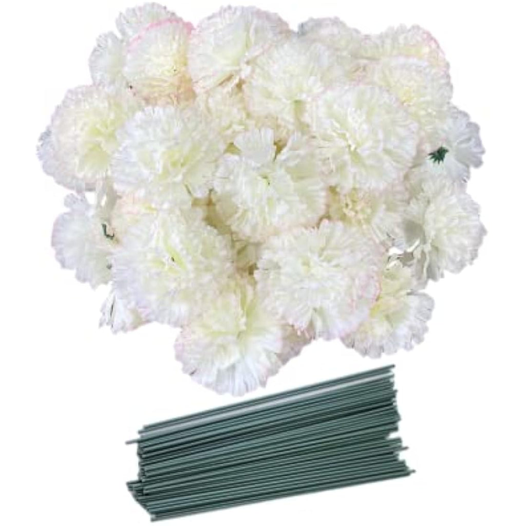 Rikyo 50pcs Silk Carnation Flower Heads with Stems for DIY Decor – Champagne