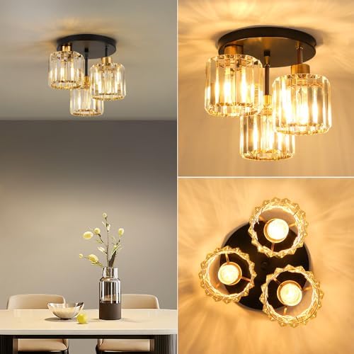 FORCOSO Crystal Ceiling Light – 3-Light Modern Black and Gold Chandelier