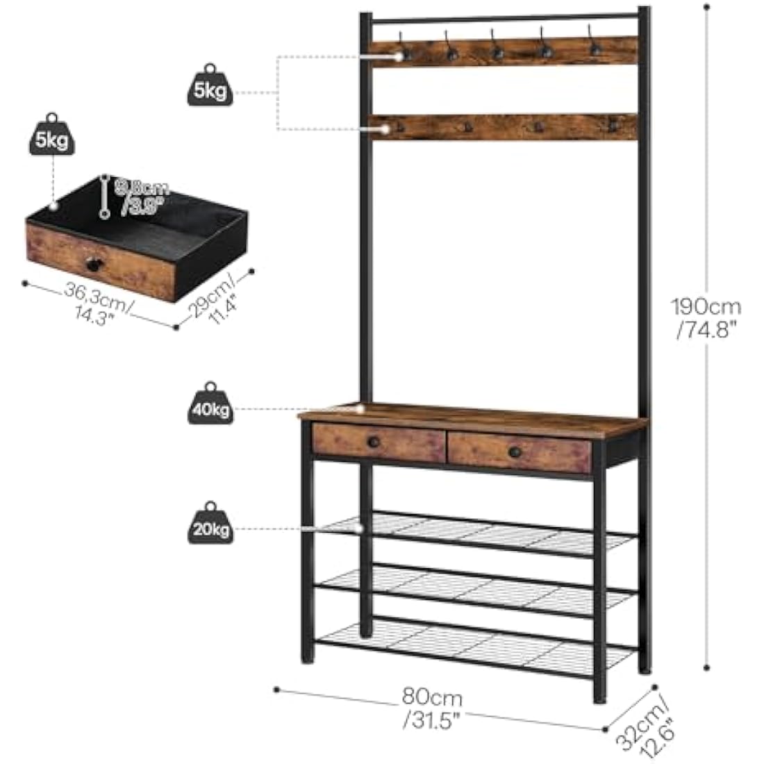 HOOBRO Hall Tree with Shoe Storage | 9 Hooks and 2 Drawers – Rustic Brown