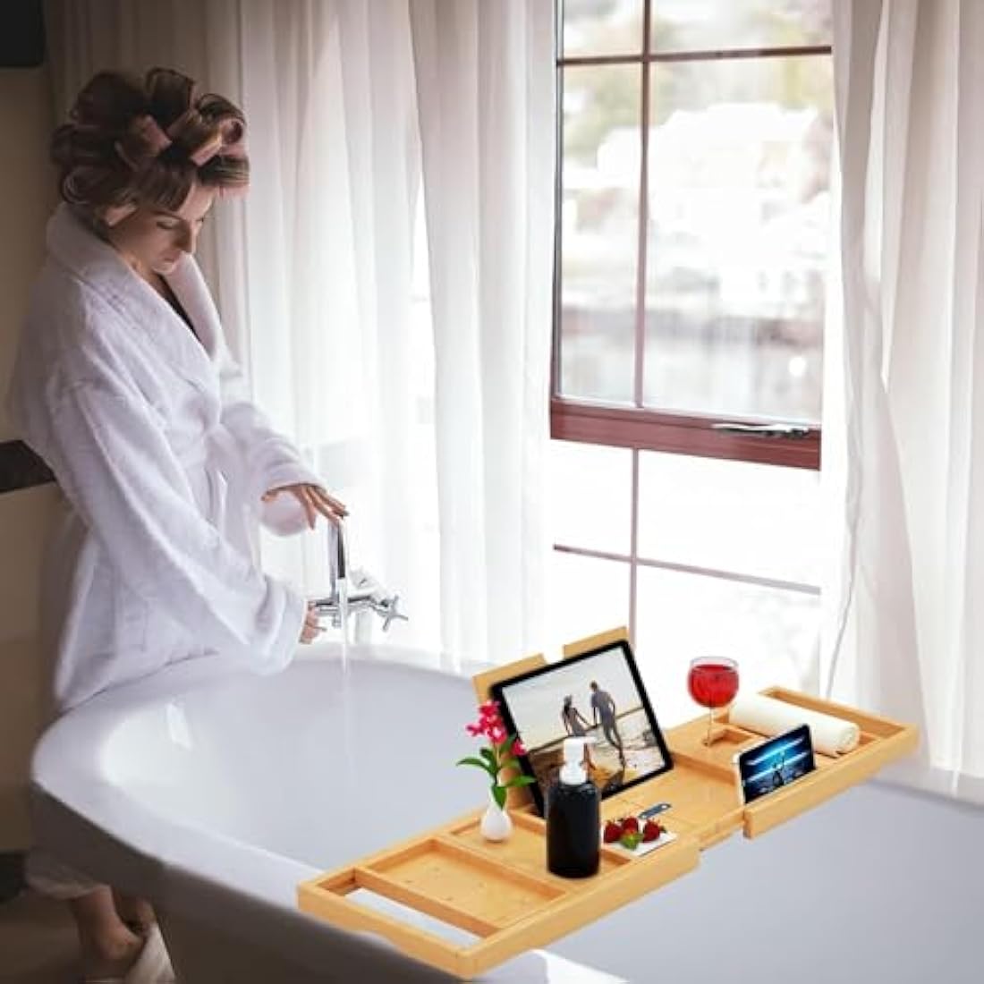 Banlilu Bamboo Bath Tray – Expandable Foldable Bathtub Caddy Organizer
