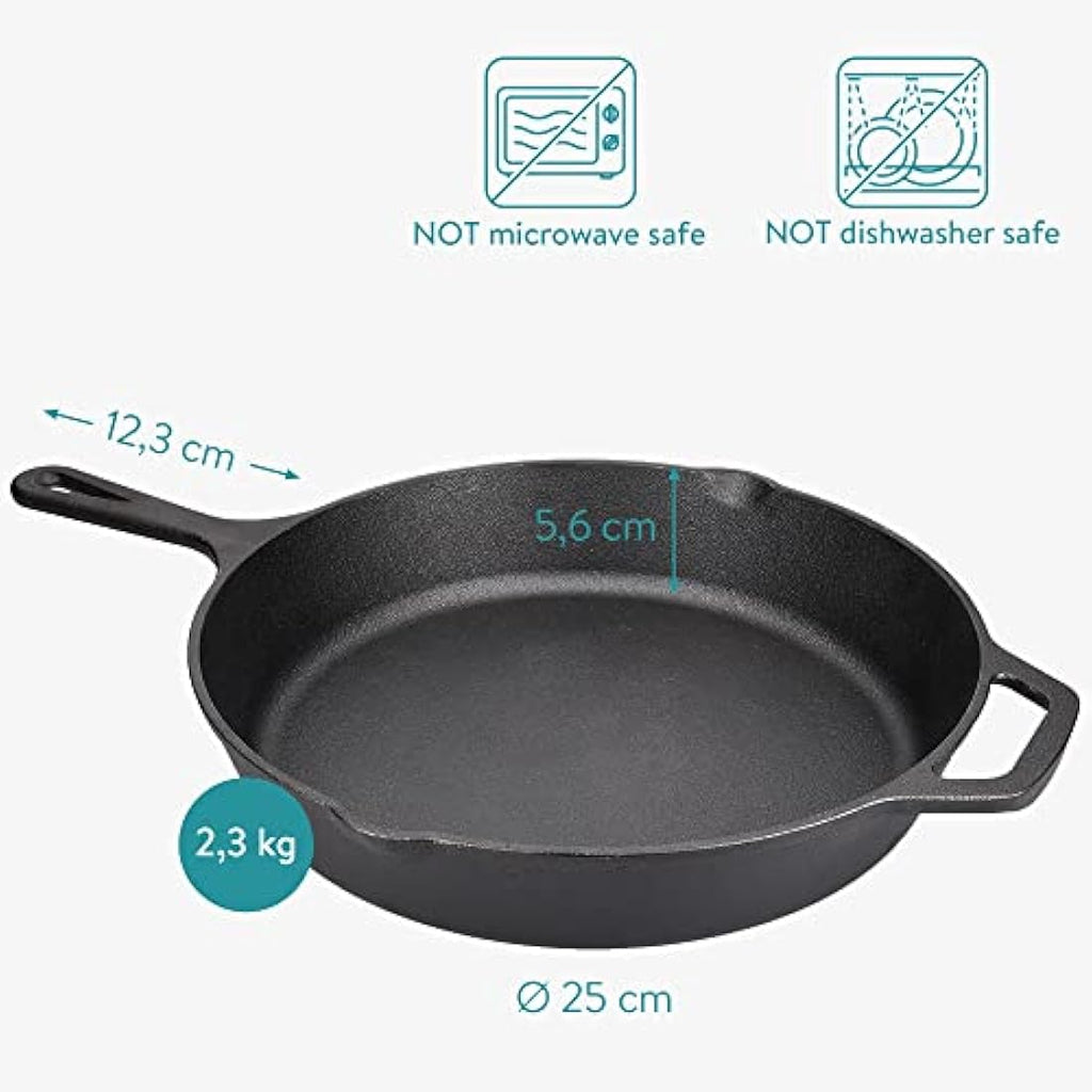 Navaris Pre-Seasoned Cast Iron Skillet Pan | 10 Inch Dual Handle Frying Pan