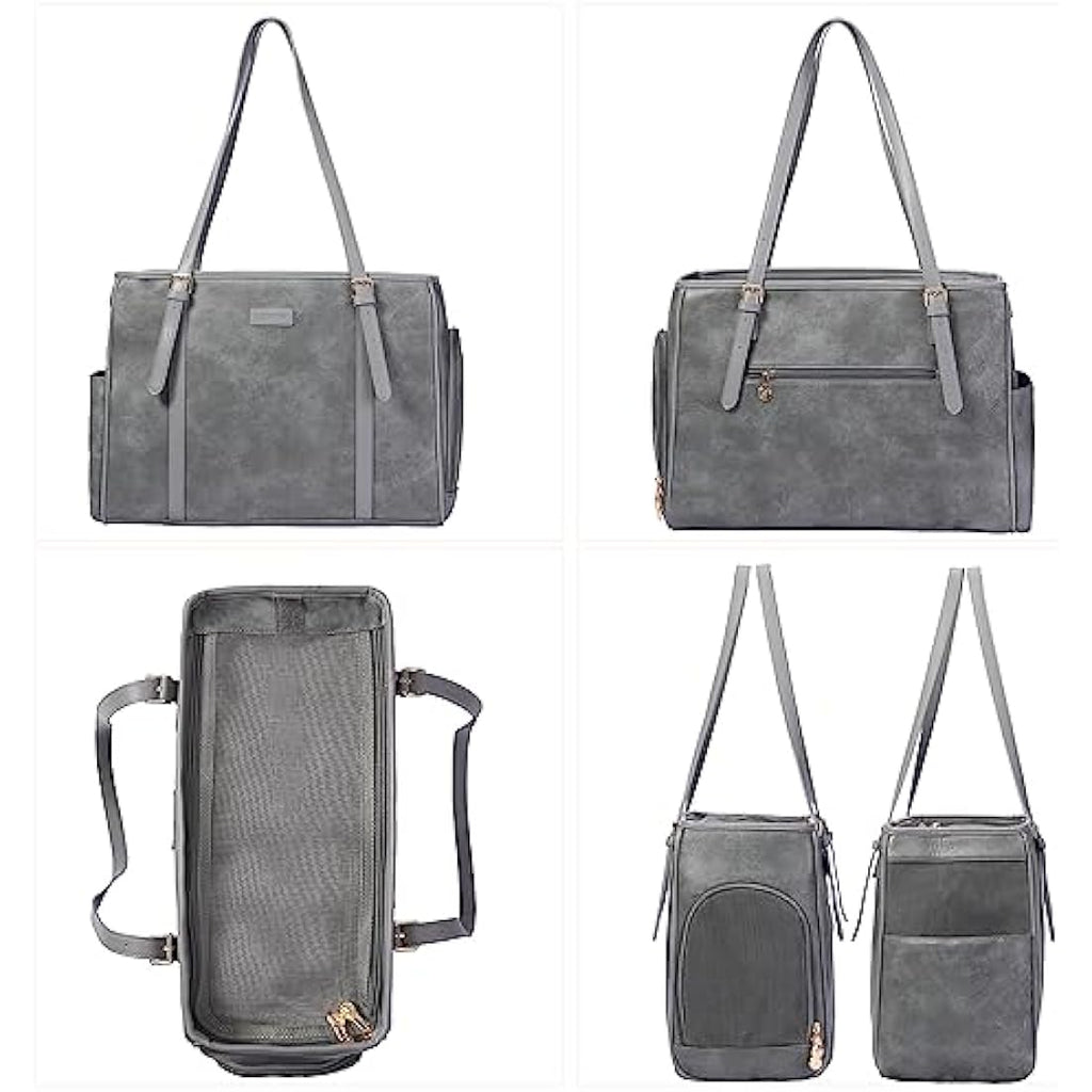 Lasaviin Vegan Leather Pet Carrier Dog Purse - Airline Approved, Grey