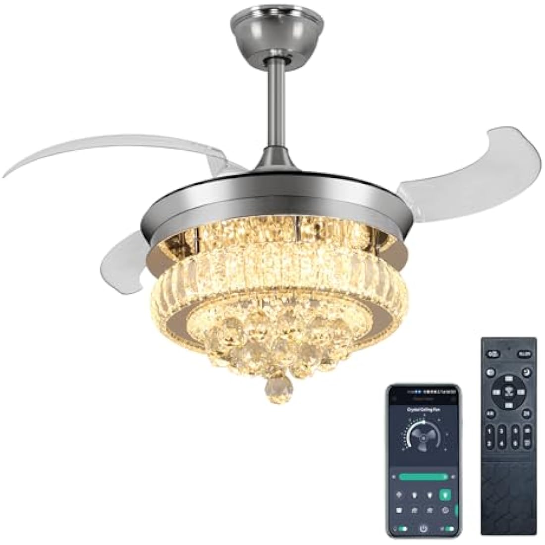 Depuley 36″ Crystal Retractable Ceiling Fan with App Control & Light
