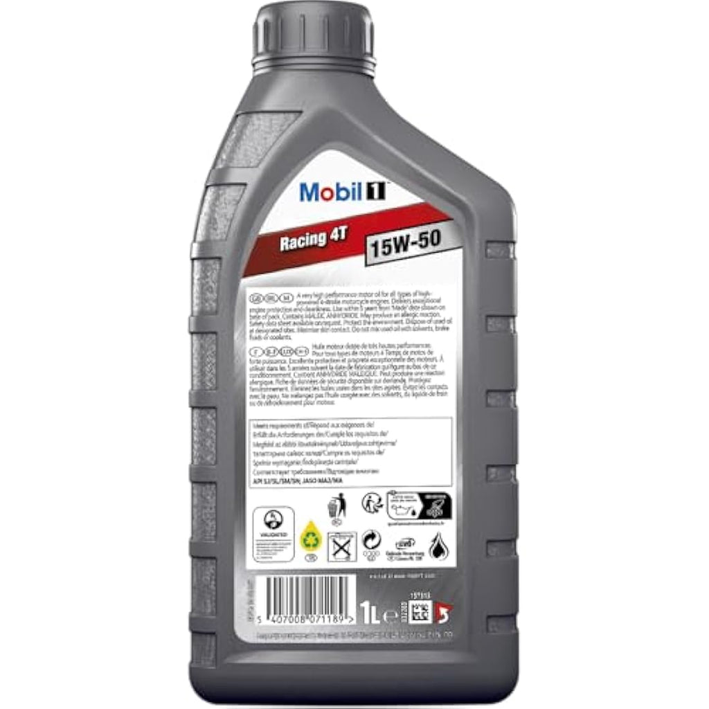 Mobil 1 Racing 4T 15W-50 Synthetic Motorcycle Engine Oil - 1L Bottle
