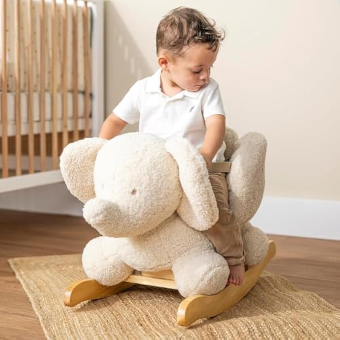 Nattou Ecru Elephant Wooden Rocker | Padded Vegan Teddy Fabric Seat