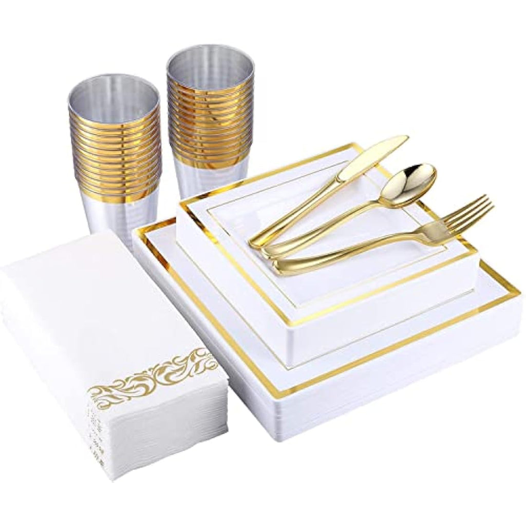 Jolof Store 175pc Gold Square Reusable Plastic Dinnerware Set for 25