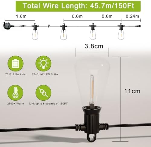 Kawaya 150ft Outdoor Festoon Lights | Waterproof Shatterproof LED String