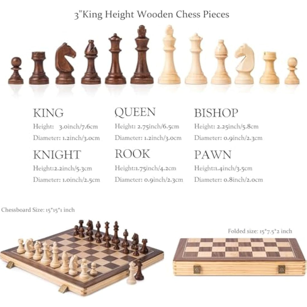 A&A 15" Wooden Folding Chess and Checkers Set | 3" Staunton Pieces