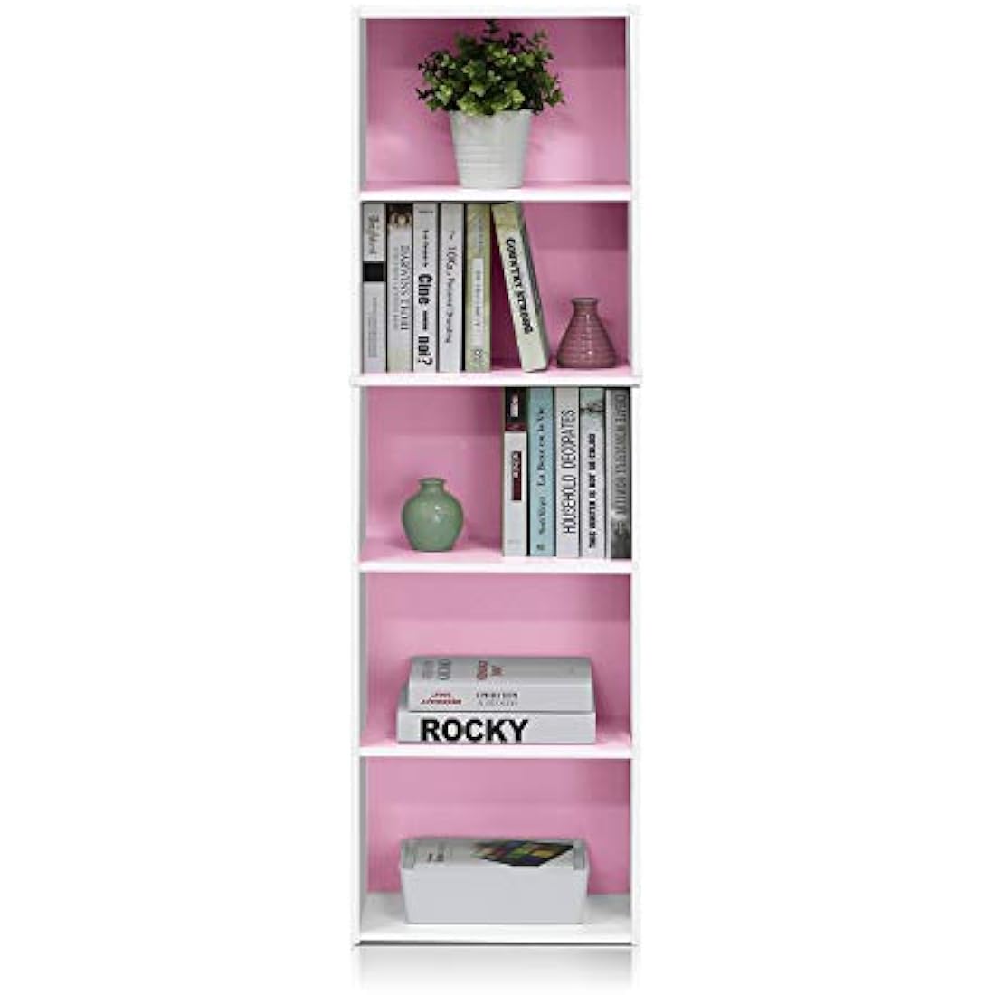 Furinno Luder 5-Tier Engineered Wood Open Shelf Bookcase, White/Pink