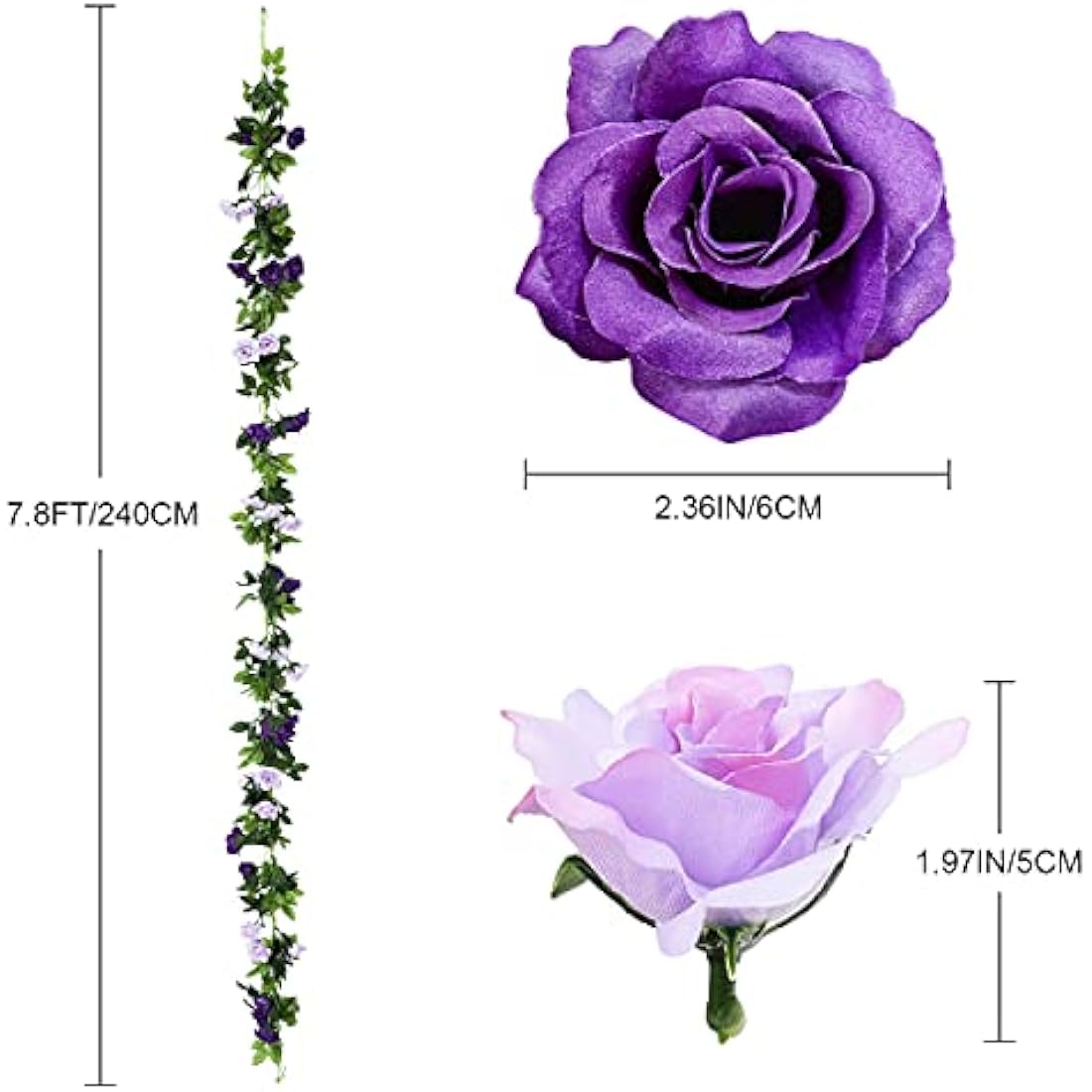 Veryhome 3PCS Artificial Purple Rose Flower Garland | 7.9FT Silk Floral Vines