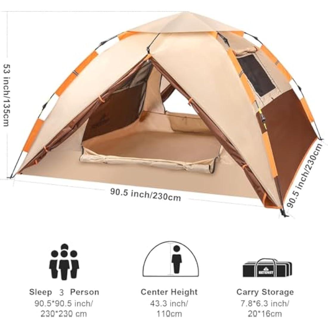 BETENST 3 Person Pop Up Camping Tent | Waterproof 2-in-1 Family Dome