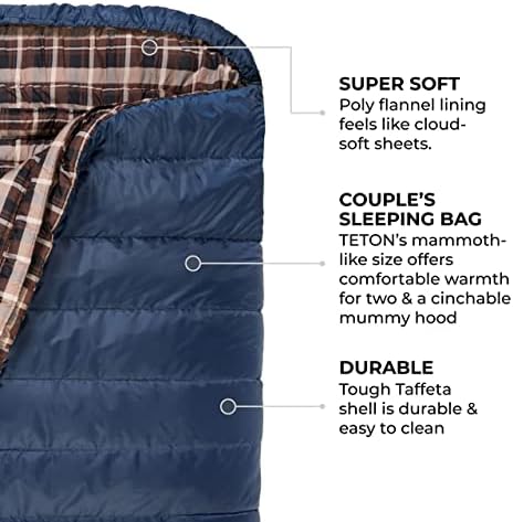 Teton Sports Mammoth Queen Double Sleeping Bag | Flannel Lined, Grey