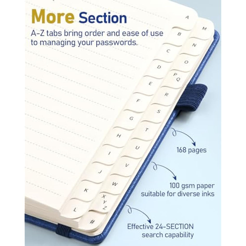 WEMATE Spiral Password Book with Alphabetical Tabs - Navy Blue Journal
