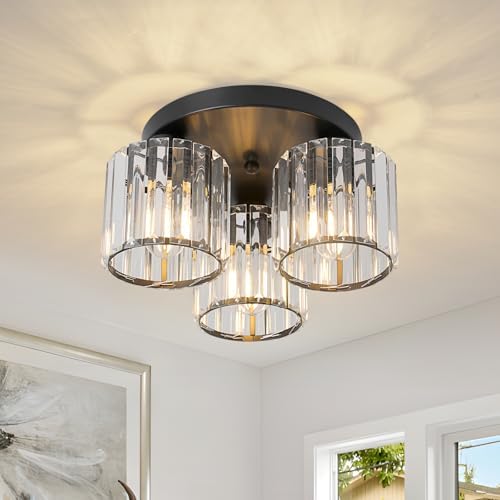 Jolof Store Modern 3-Light Crystal Chandelier – Black Semi Flush Mount