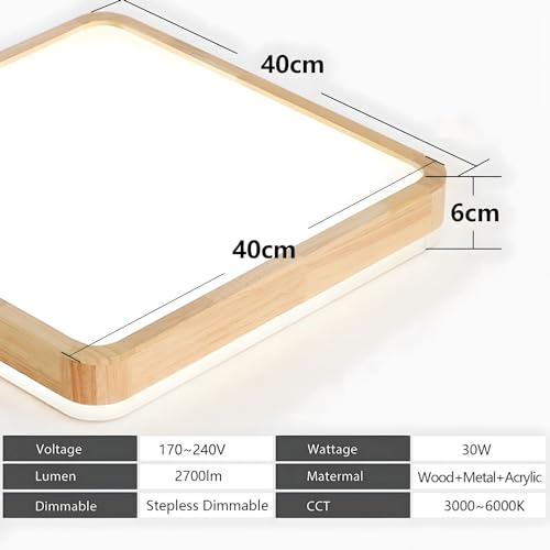 YYUTLUO Square Wood LED Ceiling Light – 30W Dimmable Flush Mount Lamp