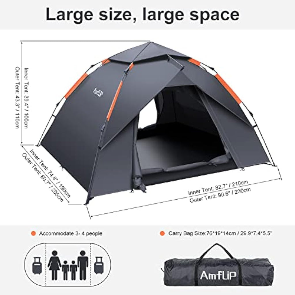 Amflip 3 Person Pop Up Camping Tent | Waterproof 4 Season Dome Tent