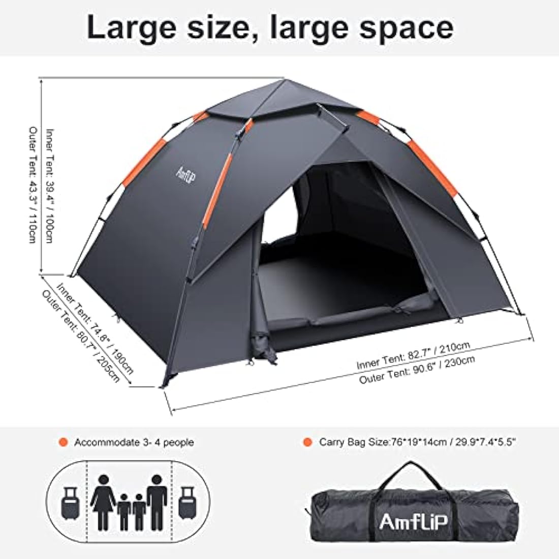 Amflip 3 Person Pop Up Camping Tent | Waterproof 4 Season Dome Tent